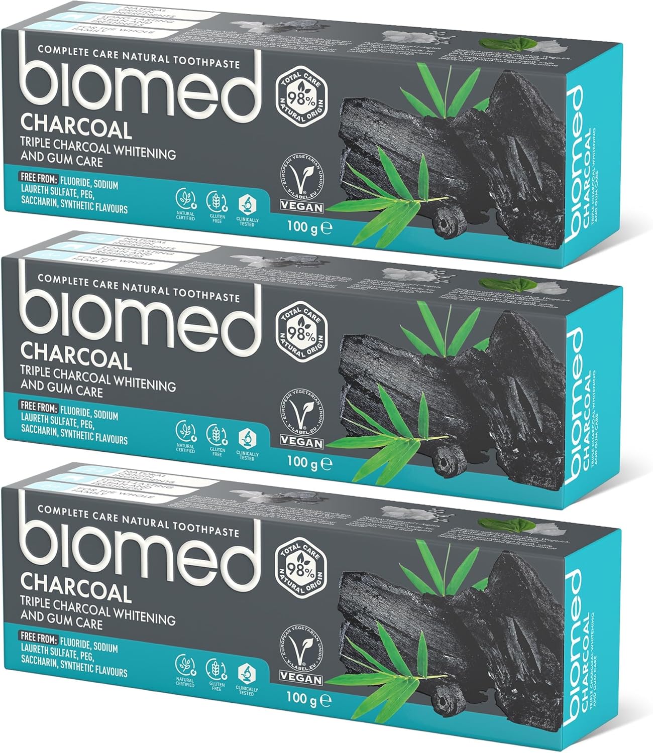 Biomed Triple Charcoal 98% Natural Whitening Toothpaste | Gum Care, Bamboo Charcoal | Vegan, SLES Free 100g(pack of 3)