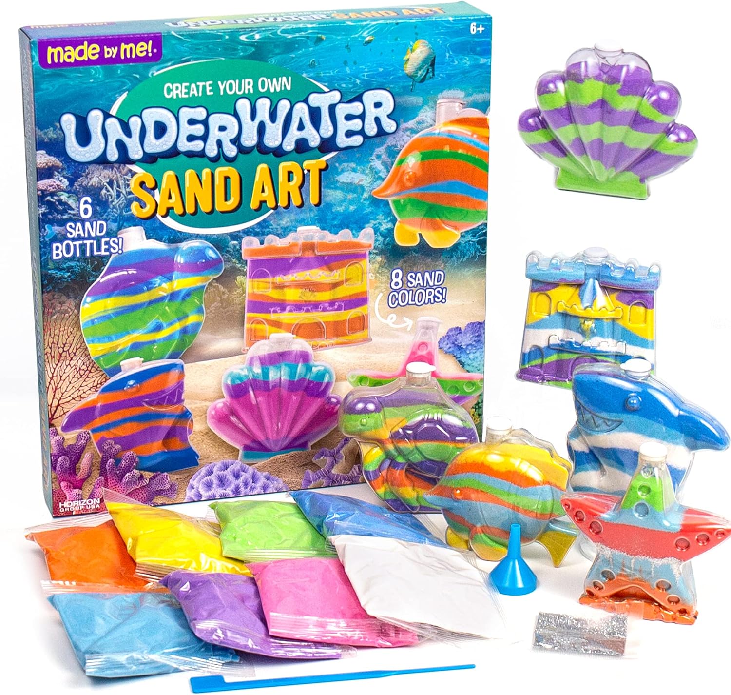 Made By Me Create Your Own Underwater Sand Art, Includes 6 Ocean-Themed Bottles, 8 Sand Colors, Glitter, & Funnel, Great Staycation or Group Activity, Party Idea, DIY Sand Art For Kids Ages 6, 7, 8, 9