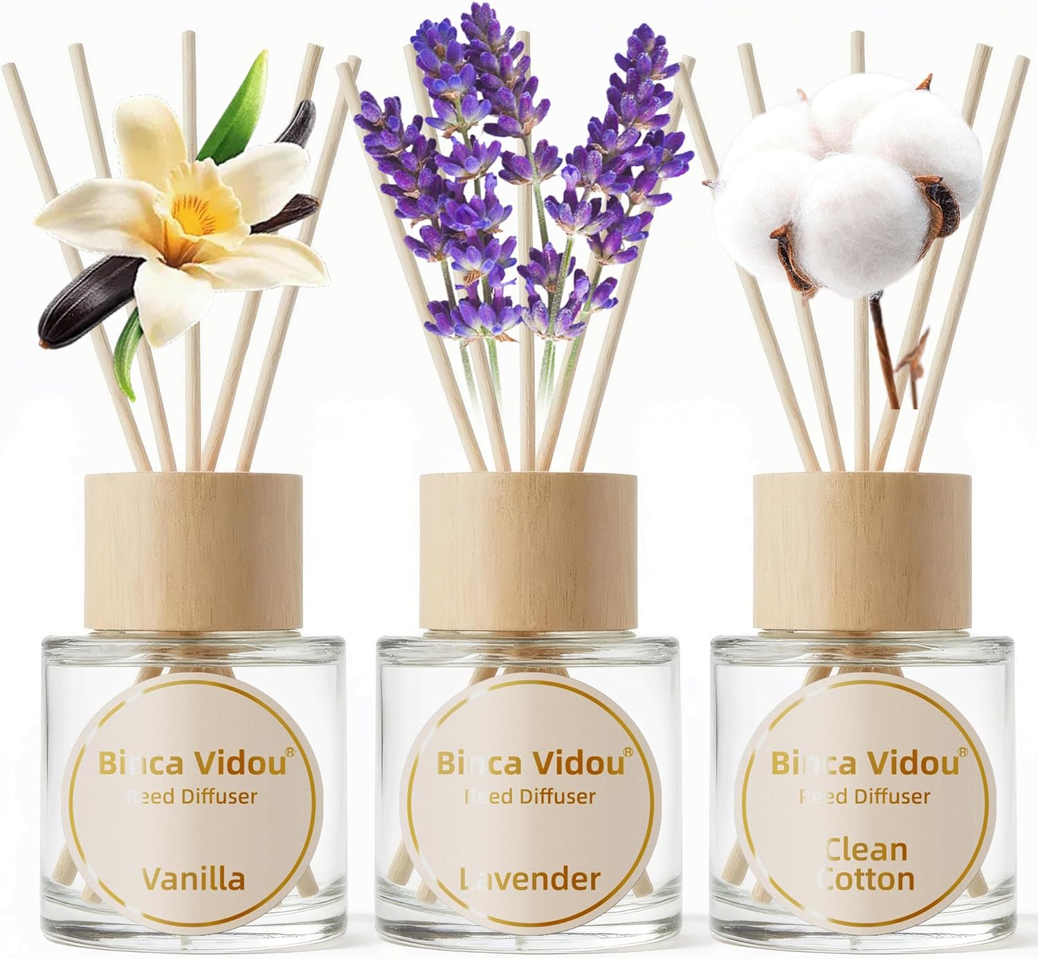binca vidou Reed Diffuser Set of 3, Binca Vidou Lavender Vanilla Clean Cotton Natural Scent Oil Diffusers with Sticks for Home Office Bathroom Aromatherapy Decor 50ml x 3