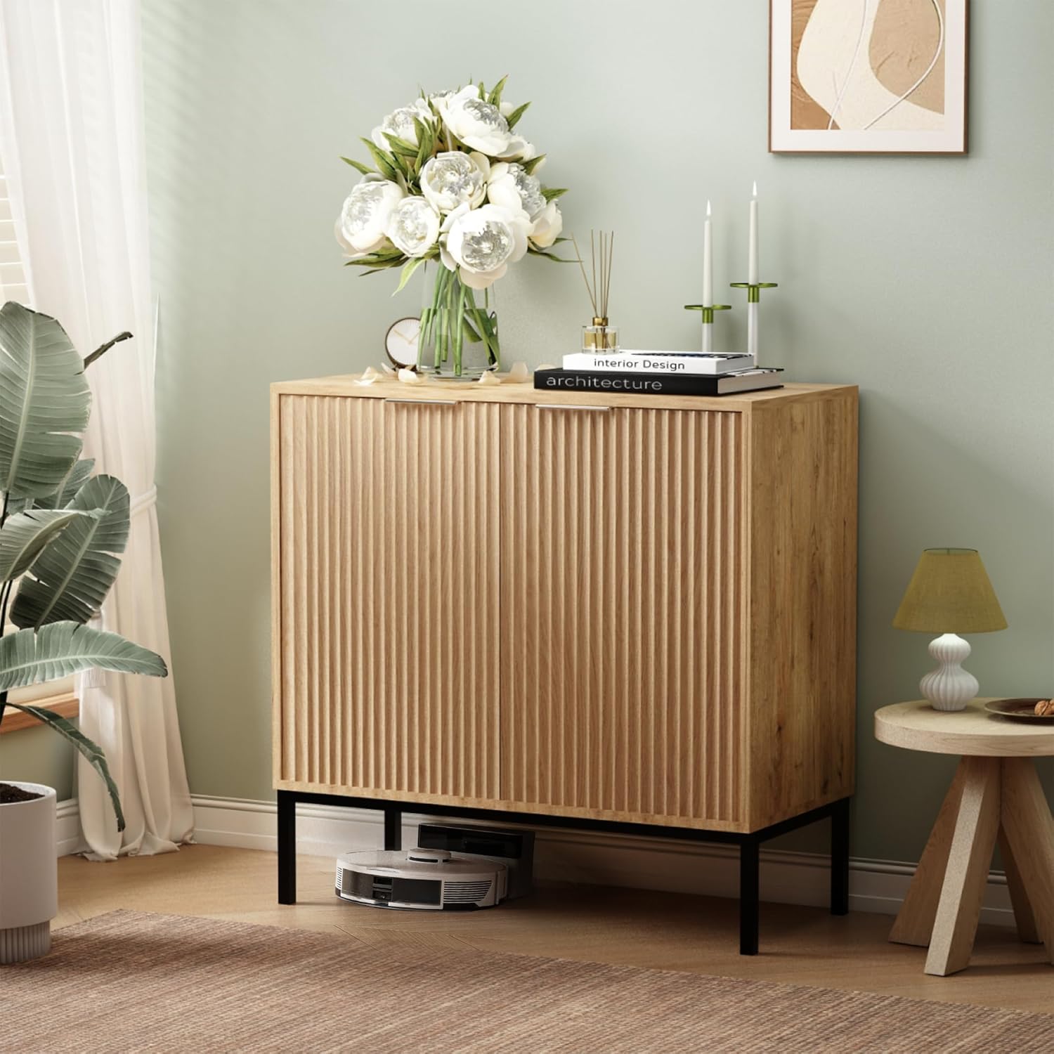 Wooden Fluted Cabinet, Freestanding Multi-Function Storage Buffet with Adjustable Shelves, Bohemian-Chic Modern Sideboard, Console Table for Living Room, Kitchen, or Entryway