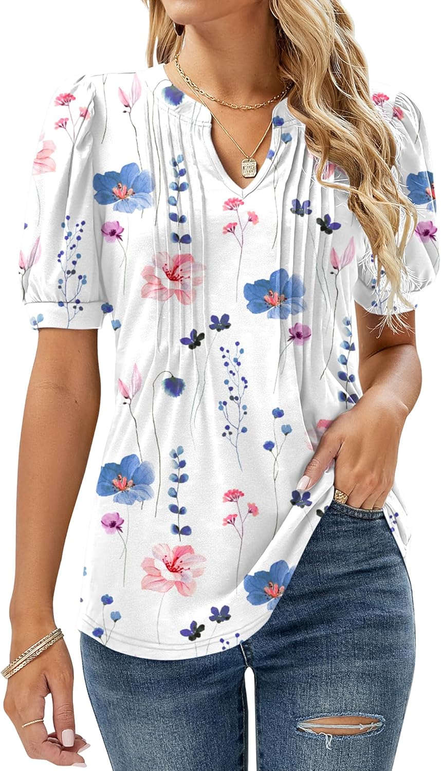EFFAN Womens V Neck Tops Puff Short Sleeve T-Shirt Pleated Floral Printed Tunic Blouse Shirts