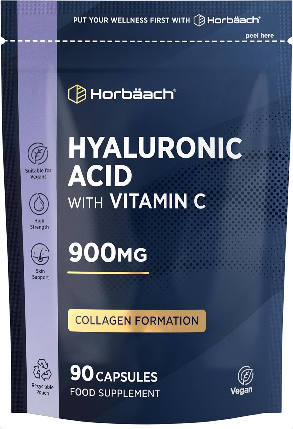 Hyaluronic Acid Supplement 900mg | 90 Vegan Capsules | High Strength Bioavailable Formula with Vitamin C | by Horbaach