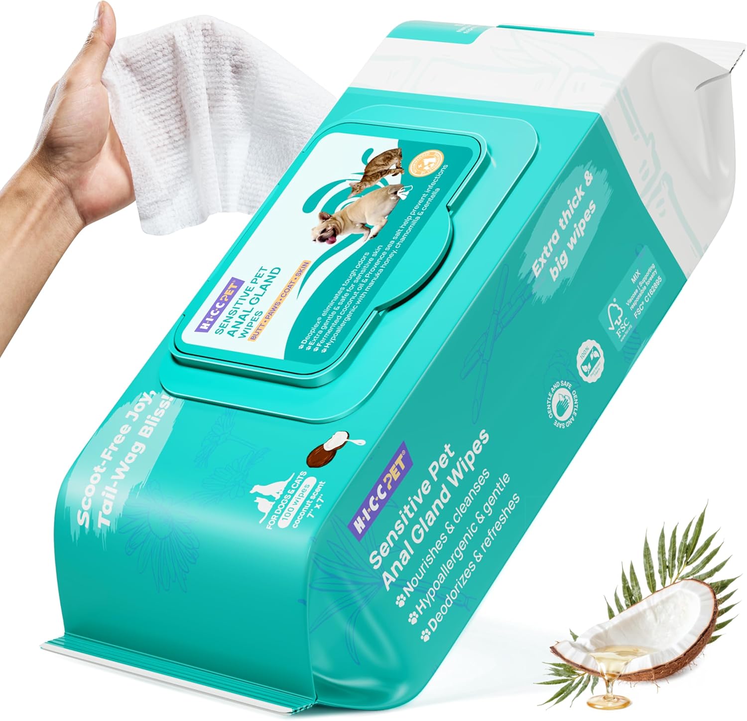 HICC PET Wipes for Dogs and Cats, Cleansing Deodorizing & Soothing Allergy Infections Rear-End Dog Wipes with Coconut Oil, Hypoallergenic for Grooming Paws, Body and Bums, Fragrance Free