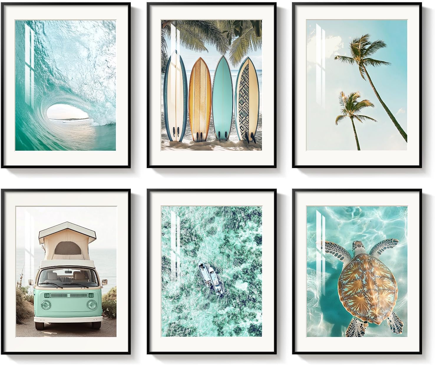 Framed Coastal Beach Wall Art for Living Room, 6 Pcs Ocean Wave Surfboard Palm Tree Sea Turtle Canvas Artwork, Teal Green Summer Seascape Picture Print for Dining Room Bedroom Wall Decor, 11x14 Inch