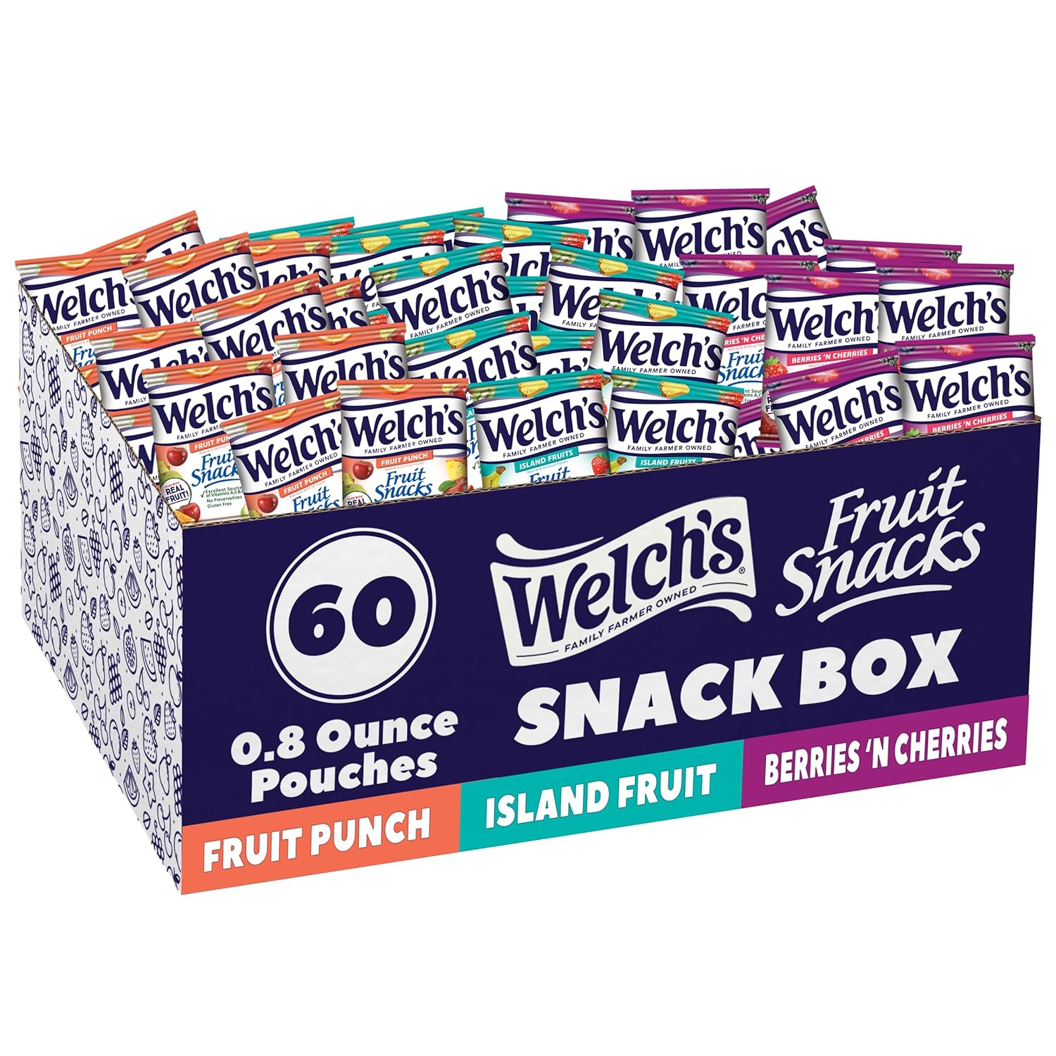 Welch's Fruit Snacks, Fruit Punch & Island Fruits & Berries 'N Cherries Snack Box, Gluten Free, 0.8oz Snack Packs (Pack of 60)