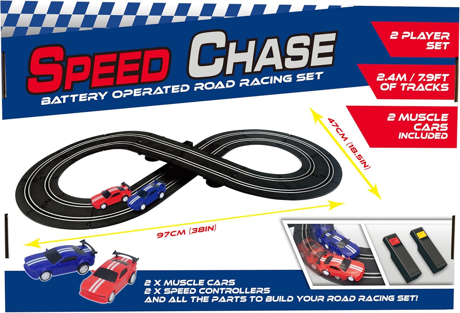 BANDAI Artin Speed Chase Slot Car Racing Set | 2.4m 2 Player Electric Race Car Track With 2 Muscle Cars And Speed Controls | Adults And Kids Electric Car Racing Toys Make Great Remote Control Gifts