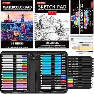 Soucolor 76 Pack Sketching Pencils for Adults Kids Teens Girls Boys Gifts Idea with 3-Color Sketch Book, Watercolor Pad, Coloring Book, Drawing Kits Set: Metallic Watercolor Oil-based Colored Pencils