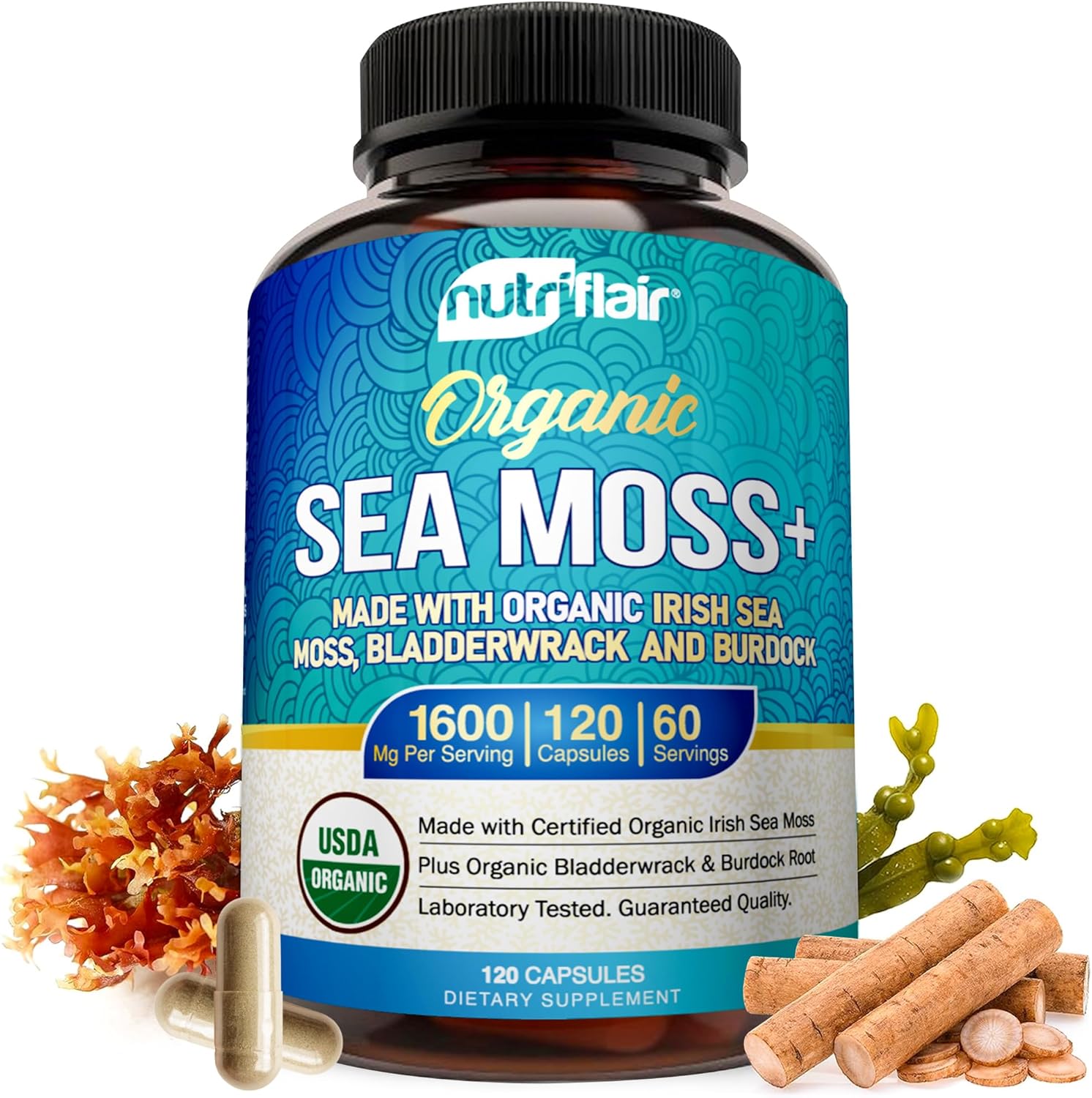 NutriFlair Organic Irish Sea Moss 1600mg, 120 Capsules Plus Bladderwrack & Burdock - Prebiotic Super Food - Immune System & Digestive Health - Thyroid, Healthy Skin, Keto Detox, Gut