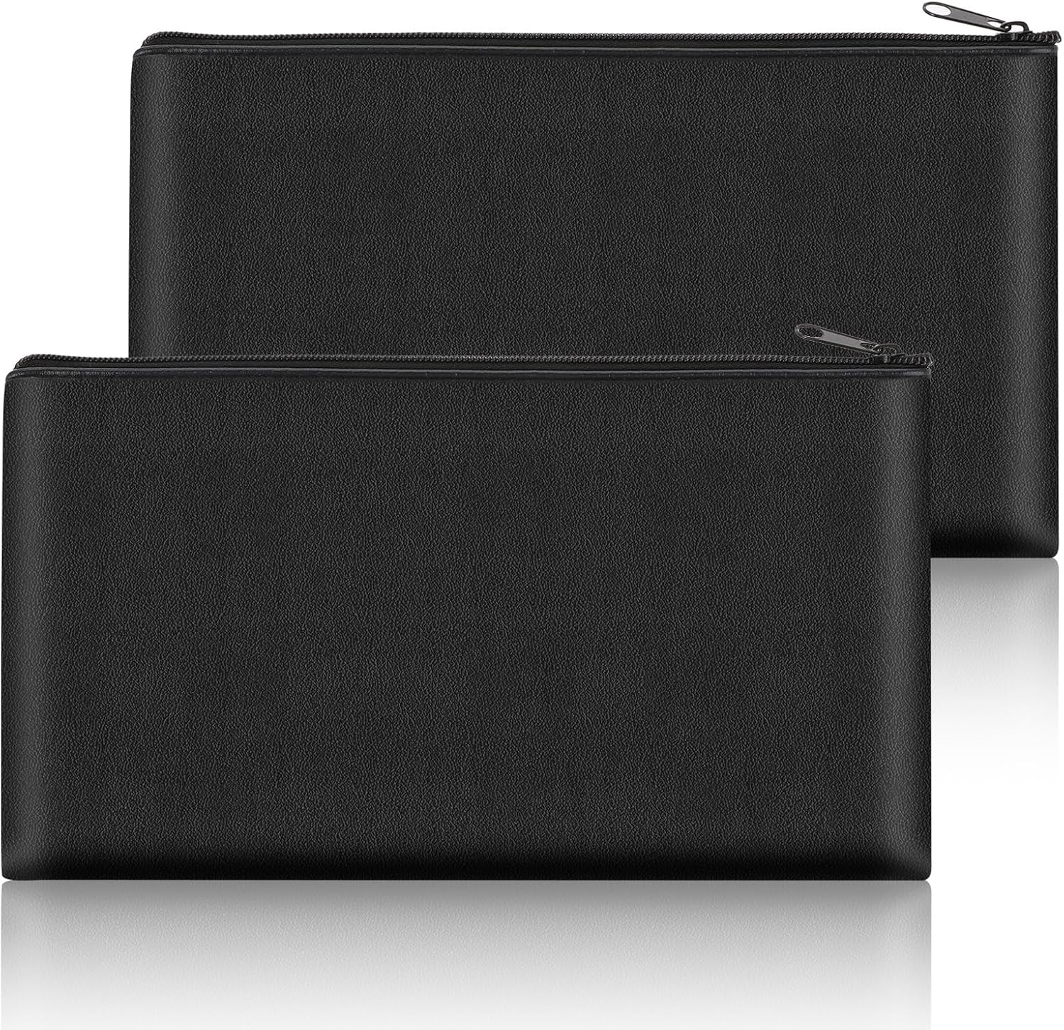 Dimeho 2 Pack Money Bags with Zipper Fireproof Money Pouch Bank Deposit Bag PU Leather Waterproof Safe Zippered Pouch for Cash, Checks, Documents, Valuables - Black (11 x 6 Inches)