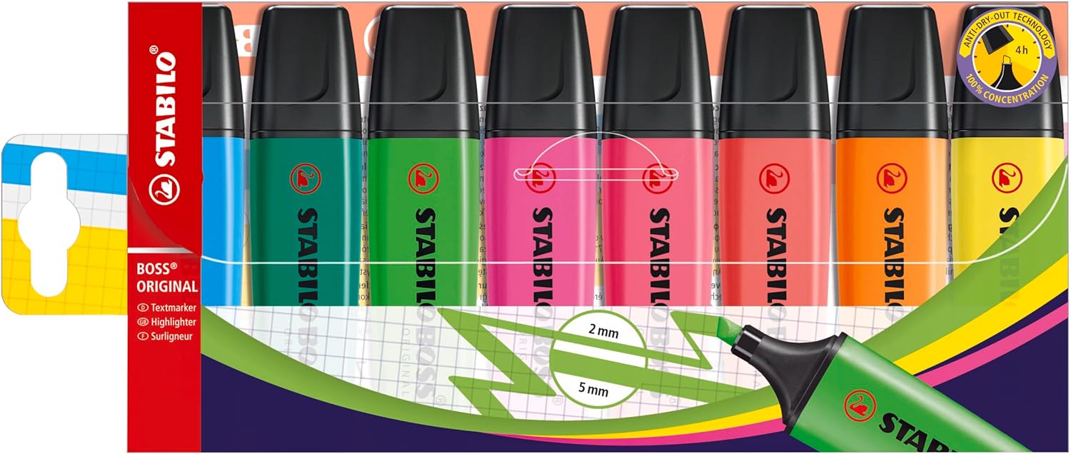 STABILO BOSS ORIGINAL - Highlighter - Pack of 8 - Assorted Colours