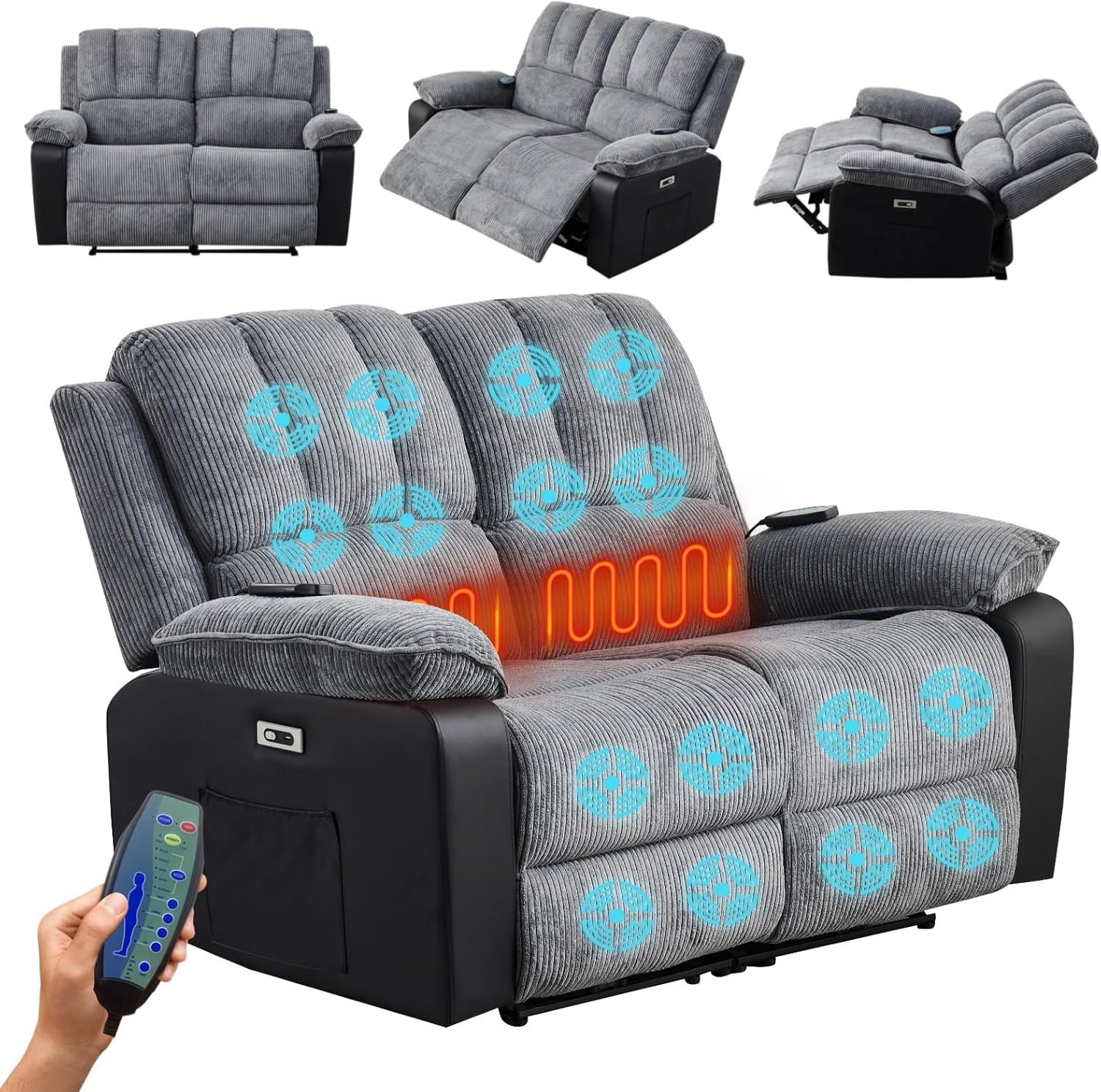 Recliner Sofa Set - Jumbo Cord Fabric 3 Seater & 2 Seater with Massage & Heat USB Ports, Dual Side Pockets, Armchair for Living Room