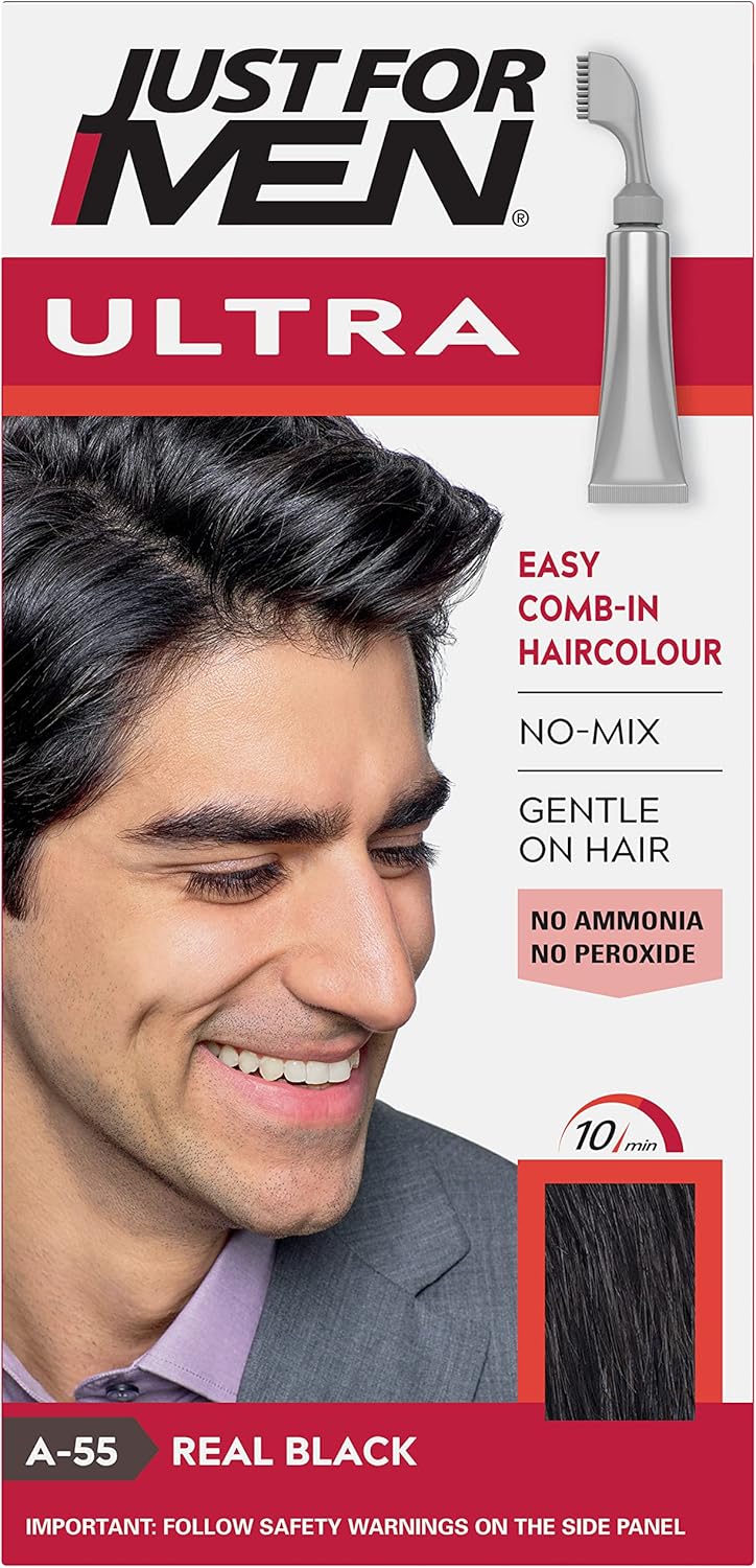 Just For Men Ultra Real Black Hair Colour Dye, No Mix Comb-In Applicator to Comb Away The Greys, Ammonia & Peroxide Free – A55