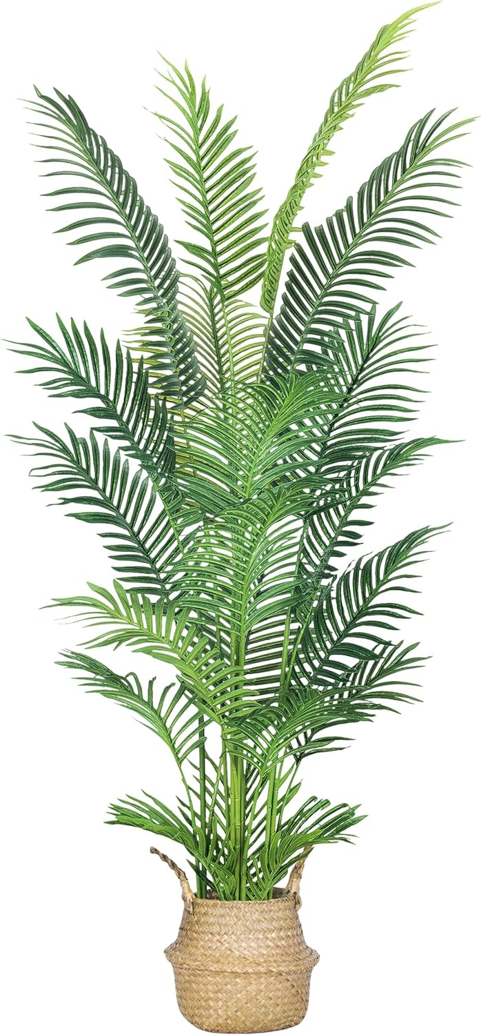 6FT Artificial Palm Tree,Faux Areca Palm Plant with Real Touch Leaves and Adjustable Branches,Fake Tropical Palm Tree for Home Office Indoor Outdoor Modern Decoration