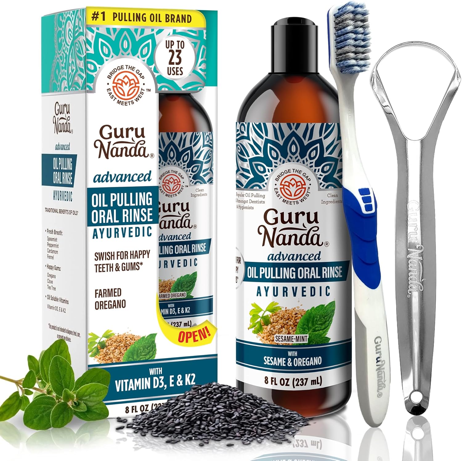 GuruNanda Advanced Formula Oil Pulling with Tongue Scraper for Healthy Teeth & Gums with Vitamin D,E - Coconut Oil Natural Mouthwash, Helps with Fresh Breath & Teeth Whitening (237mL)