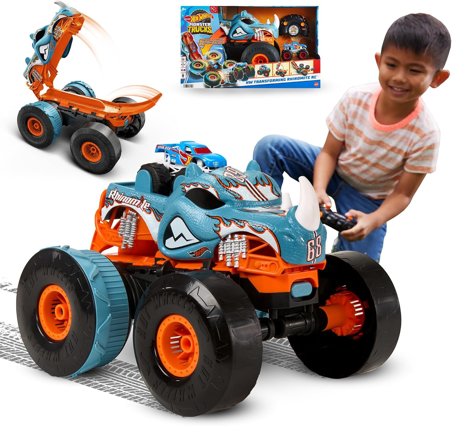 Hot Wheels Monster Trucks Remote Control Car, HW Transforming Rhinomite in 1:12 Scale with 1:64 Scale Race Ace Toy Truck, Converts into Launcher, Connects to Orange Track, HPK27