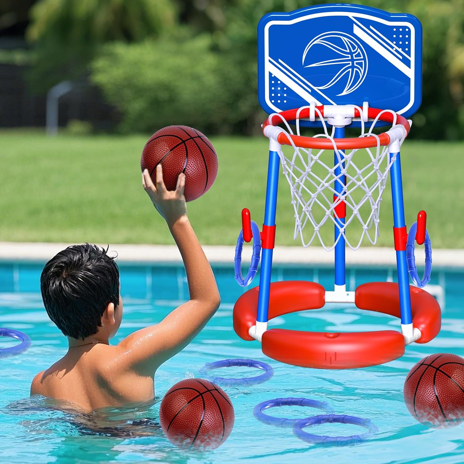 Pool Basketball Hoop Poolside with Backboard & Ring Toss Pool Games,Floating Basketball Hoop for Pool Toys for Kids Ages 4-8,Family Party Summer Toys for Kids Ages 8-12,Summer Vacation, Blue