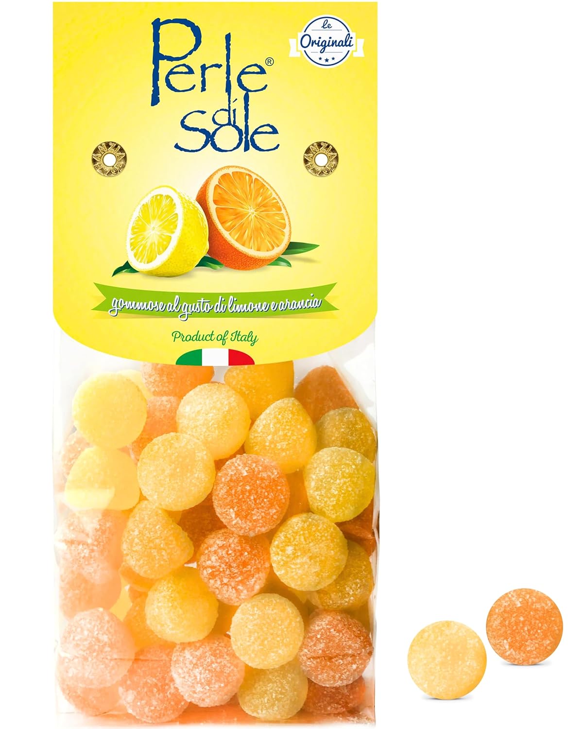 Perle di Sole Lemon and Orange Flavored Gummies - Italian Candies - Citrus Candy - Tasty Lemon and Orange Flavored Gummy Made in Italy (8.8oz)