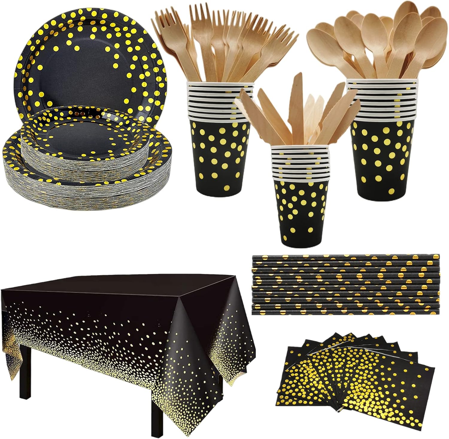 CEILIWEN Black and Gold Party Tableware, 201PCS Black and Gold Party Supplies Set, Paper Tableware Set, Party Dinnerware Set Includes Black Paper Plates, Cup, Straw, Tablecloth, Napkin, Cutlery