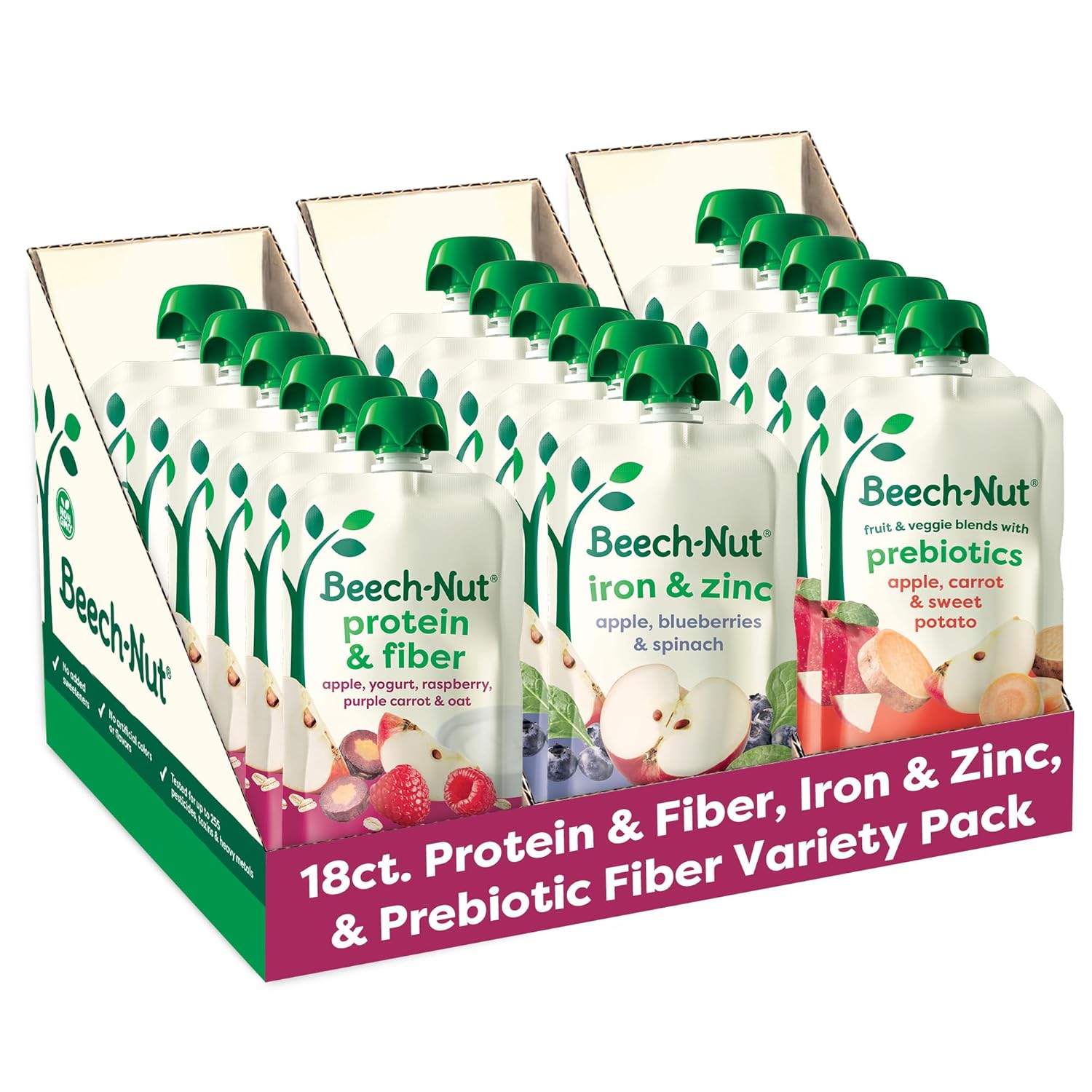 Beech-Nut Baby & Toddler Food Pouches Variety Pack, Protein & Fiber/Iron & Zinc/Prebiotic Fiber Fruit & Veggie Purees, 3.5 oz (18 Pack)