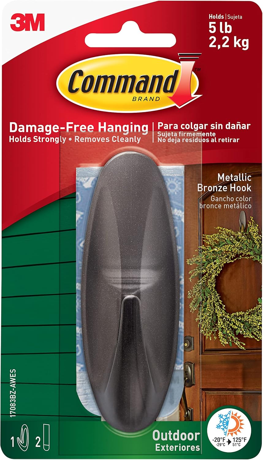 Command Large Designer Metallic Bronze Hook with Adhesive Strips - For Hanging Outdoor Wreaths, Signs and Other Heavy Items Securely and Damage Free