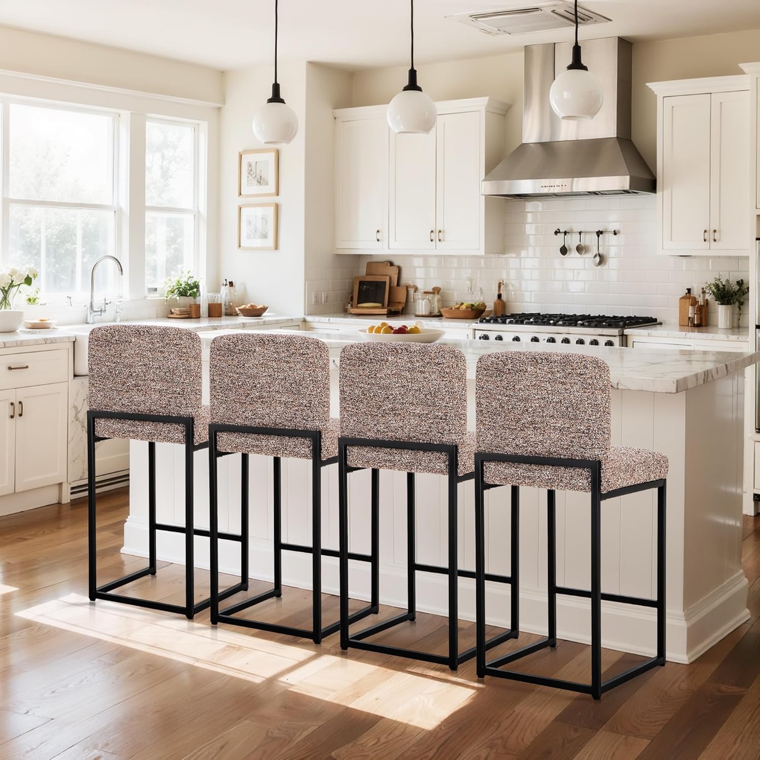 ALPHA HOME 24 Inch Counter Height Bar Stools with Back, Chenille Kitchen Counter Stools Set of 4, Upholstered Bar Chairs for Kitchen Island Home Bar with Metal Frame & Footrest, Brown