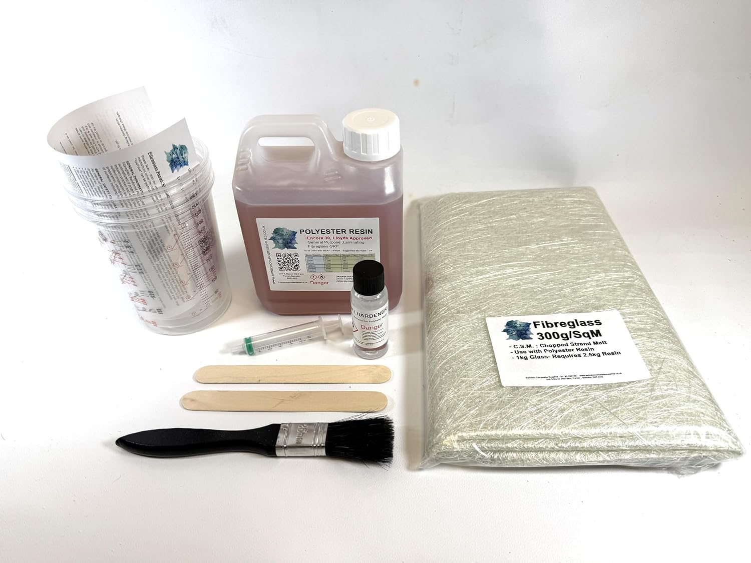 Swindon Composite Supplies : Fibreglass Repair Kit - Polyester Resin 1.0kg - 1 Sq M of Fibreglass Matt, Lloyds Approved