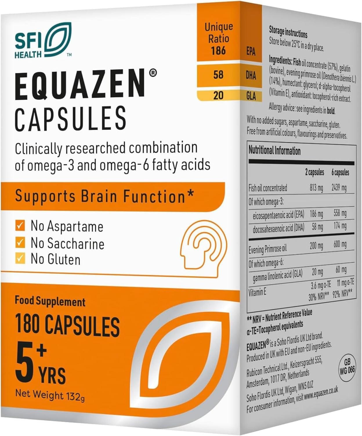 EQUAZEN Capsules | Omega 3 & 6 Fish Oil Supplement | Supports Brain Function | Blend of DHA, EPA & GLA | Suitable for Children 5+ to Adults | 180 Capsules