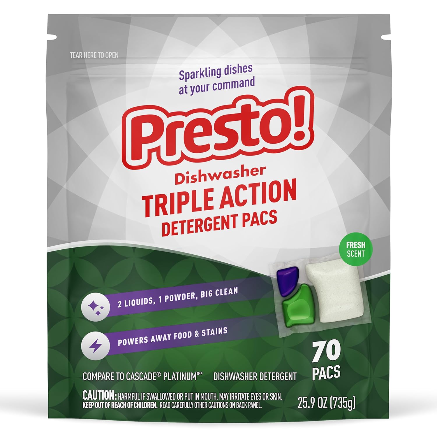 Amazon Brand - Presto! Triple Action Dishwasher Pacs, Anti-spotting, Fresh Scent, 70 Count