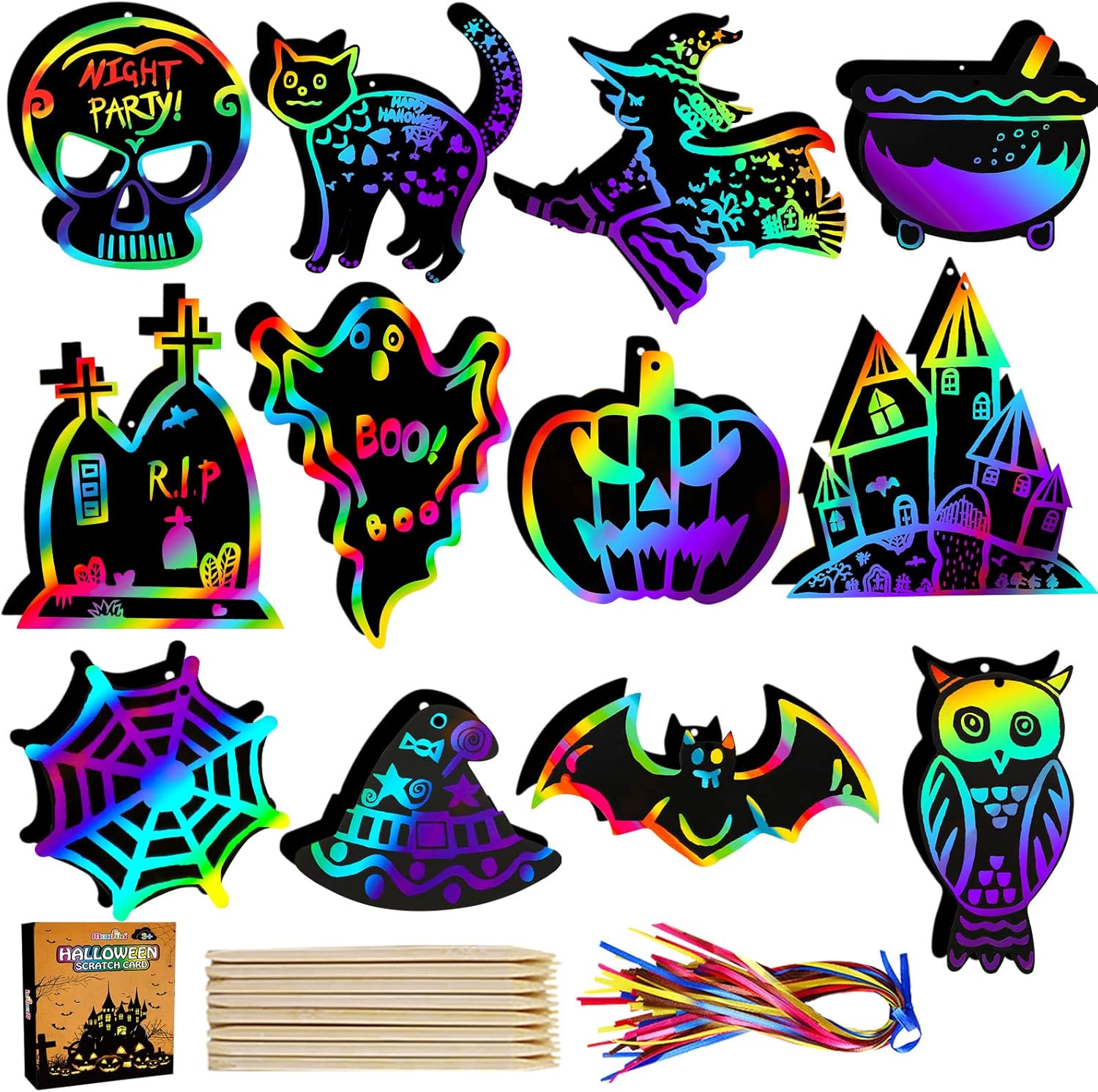 Max Fun Halloween Crafts for Kids, 48Pack Scratch Art Paper Cards Craft Kits Gifts, Magic Rainbow Ornaments Hanging Halloween Games Party Supplies Favors Classroom Activities