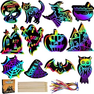 Max Fun Halloween Crafts for Kids, 48Pack Scratch Art Paper Cards Craft Kits Gifts, Magic Rainbow Ornaments Hanging Halloween Games Party Supplies Favors Classroom Activities