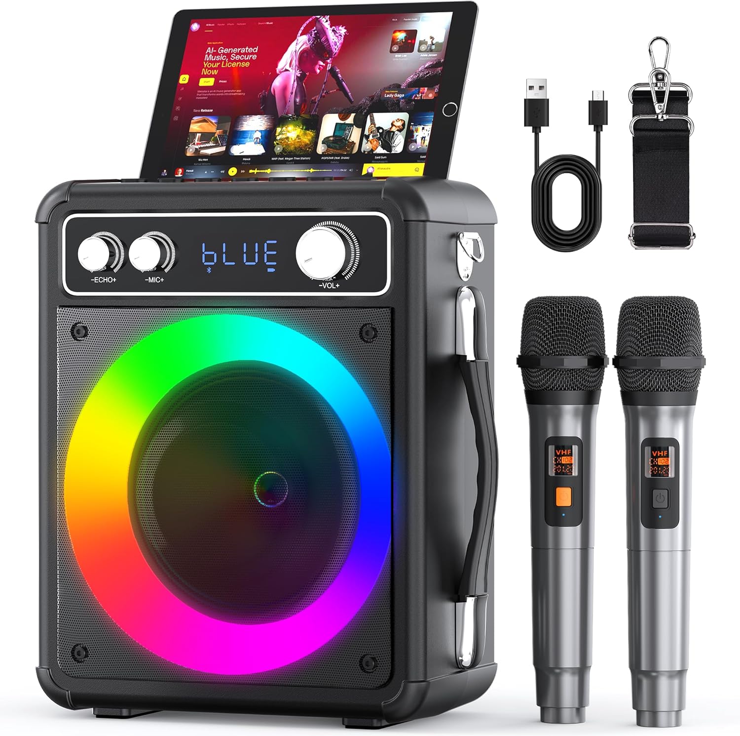 Ankuka Karaoke Machine, Portable Bluetooth Speaker with 2 Wireless Microphones, Effects Signal Processors for Adults Kids with LED Lights, Supports TWS/REC/FM/AUX/USB/TF for Home Party Picnic