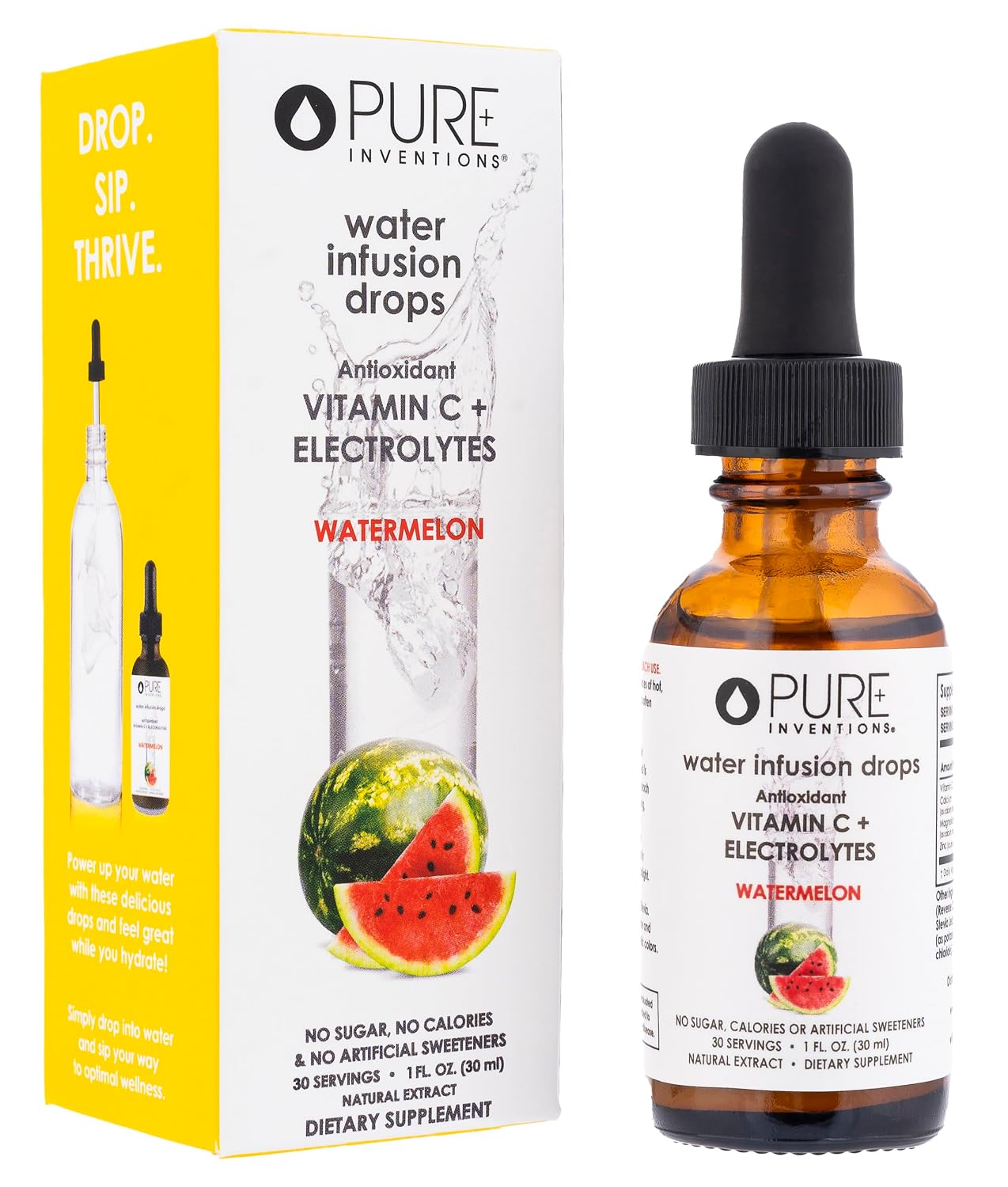 Pure Inventions - Water Enhancer Drops – Delicious, Refreshing Sugar-Free Electrolyte Drops, Antioxidant Vitamin C Support, Zero Calories, No Artificial Sweeteners, Watermelon, 30 Servings