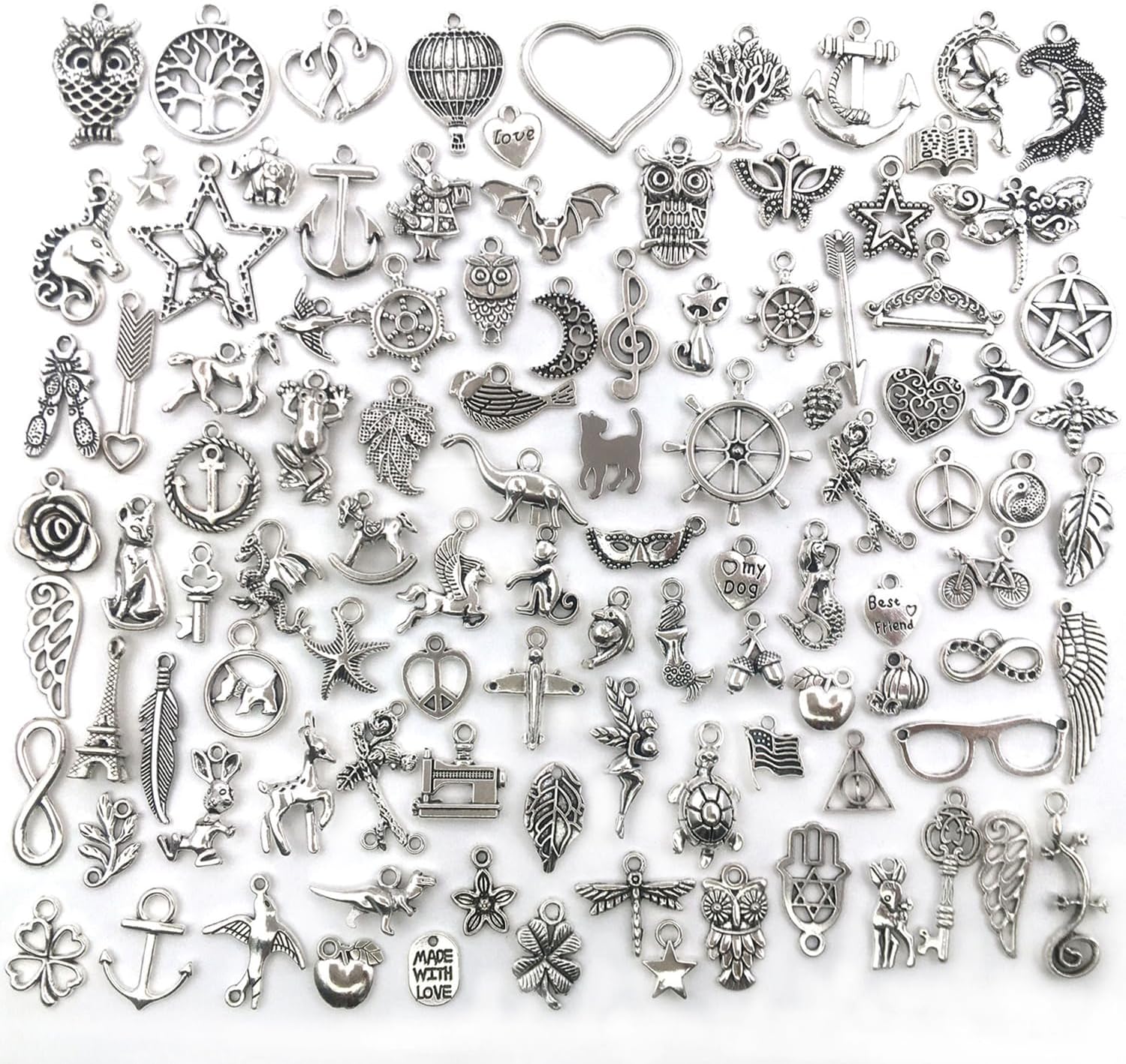 100PCS Mixed Silver Charms Set - Tibetan Silver Plated Pendants for Jewelry Making, Crafting, DIY Bracelets, Necklaces, and Earrings