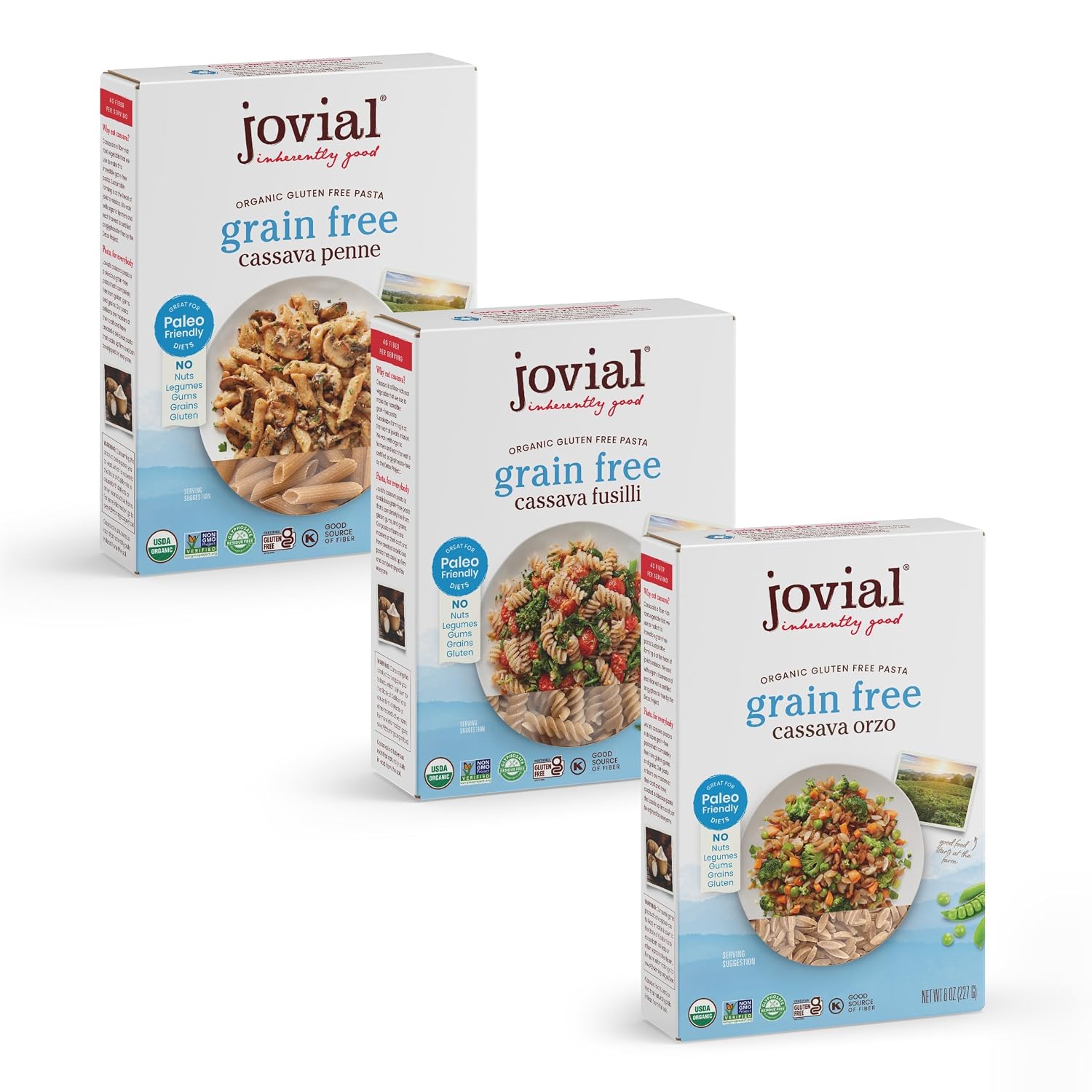 Jovial Grain-Free Cassava Pasta Variety, Organic, 3 Pack, 1 of Each Flavor