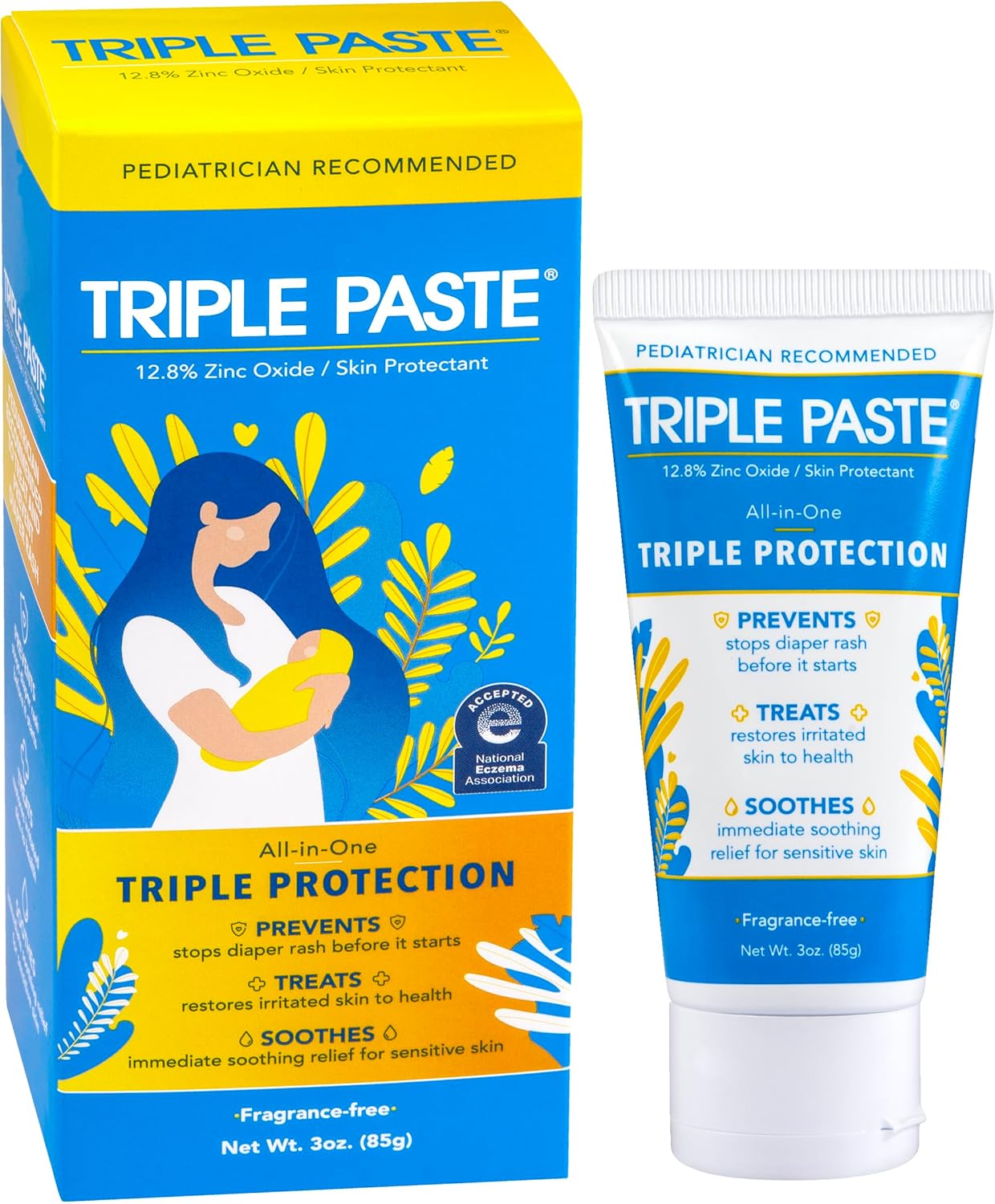 Triple Paste Diaper Rash Cream for Baby - 3 oz Tube - Zinc Oxide Ointment Treats, Soothes and Prevents Diaper Rash - Pediatrician-Recommended Hypoallergenic Formula with Soothing Botanicals