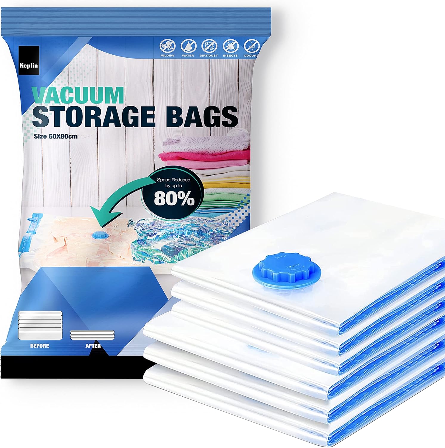 KEPLIN Vacuum Storage Bags | Maximise Space and Store Clothes, Bedding, Towels, Duvet & Pillow | Space Saver Air Suction Bag with Secure Double Zip + Valve | 6 Pack Large (60cm x 80 cm)