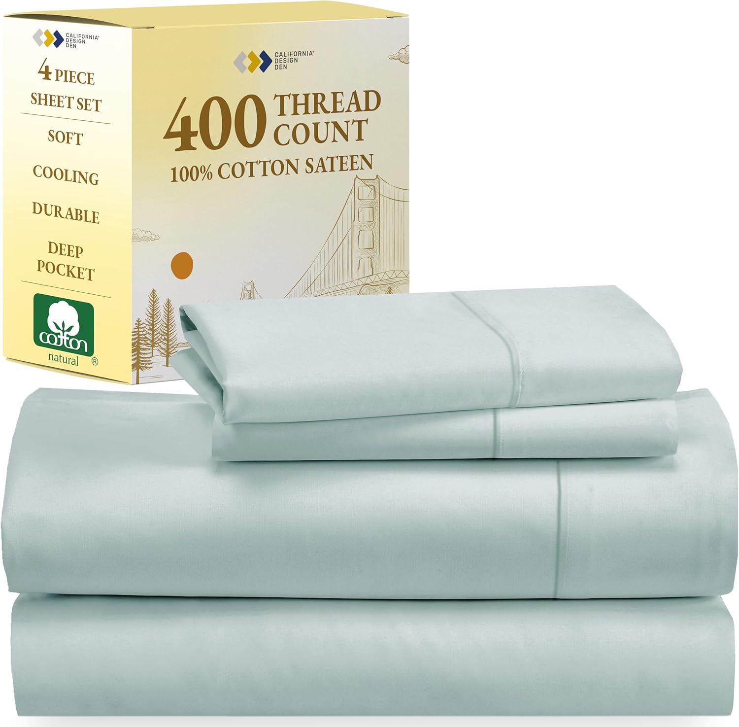 California Design Den Softest 100% Cotton Sheets, Full Size Sheet Sets, 400 Thread Count Sateen Bedding, Deep Pocket Sheets, Cooling Sheets, Full Size Sheets, Breathable Bed Set (Seafoam)