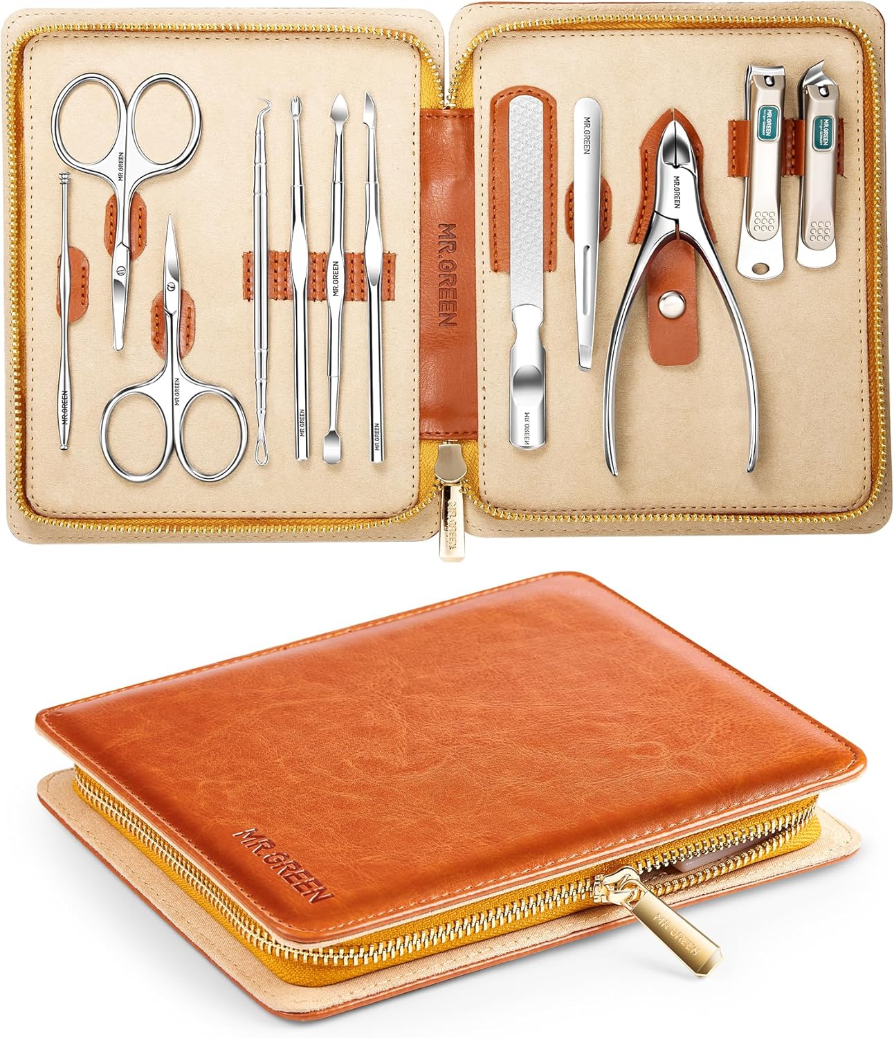 MR.GREEN Manicure Set 12 in 1 Full Function Nail Clippers Personal Care Tool Kits Stainless Steel Pedicure Sets with Leather Case Idea Gift (12Pcs Set) Brown