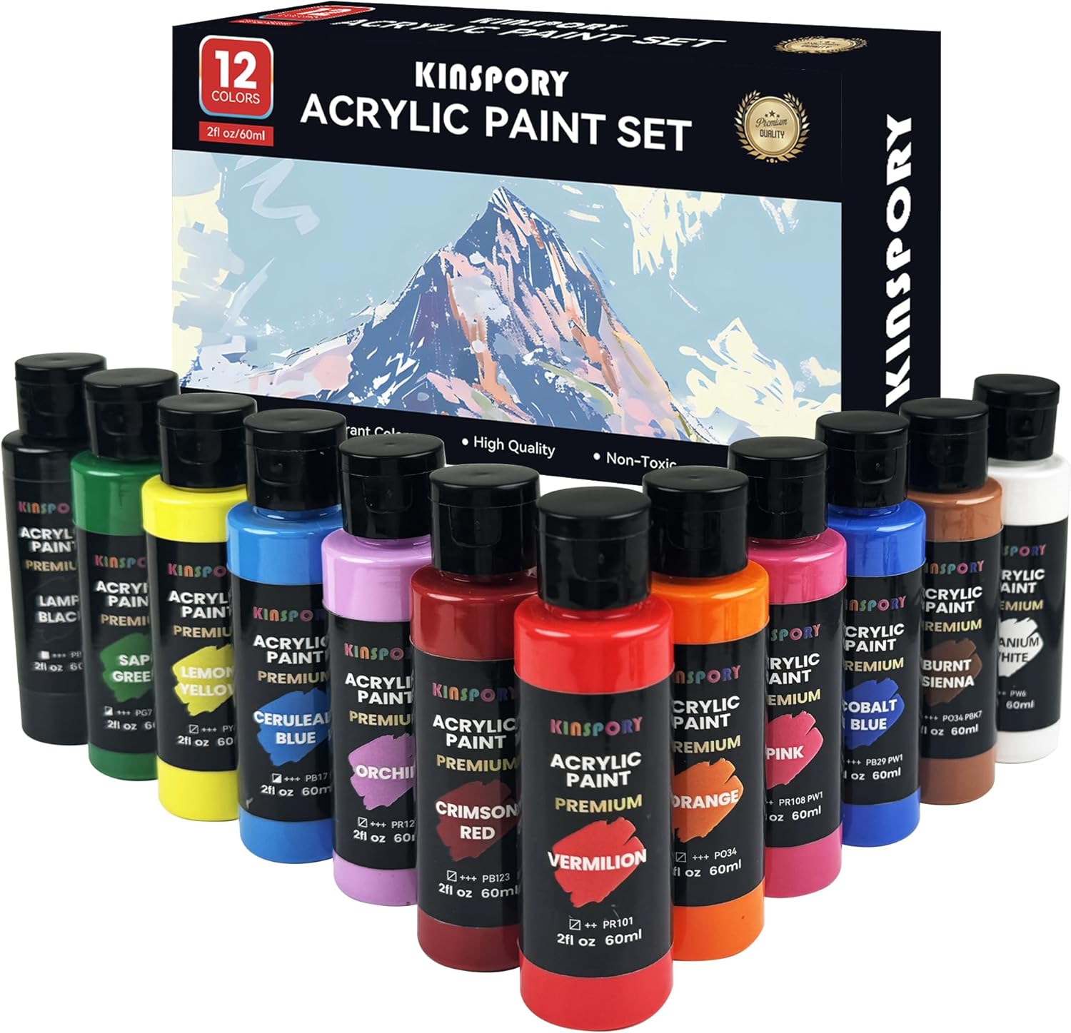 KINSPORY Acrylic Paint Set 12 x 60 ml - Water-Resistant, Assorted Colors for Beginners, Artists, Kids - Multi-Surface Art Supplies for Canvas, Wood, Rocks