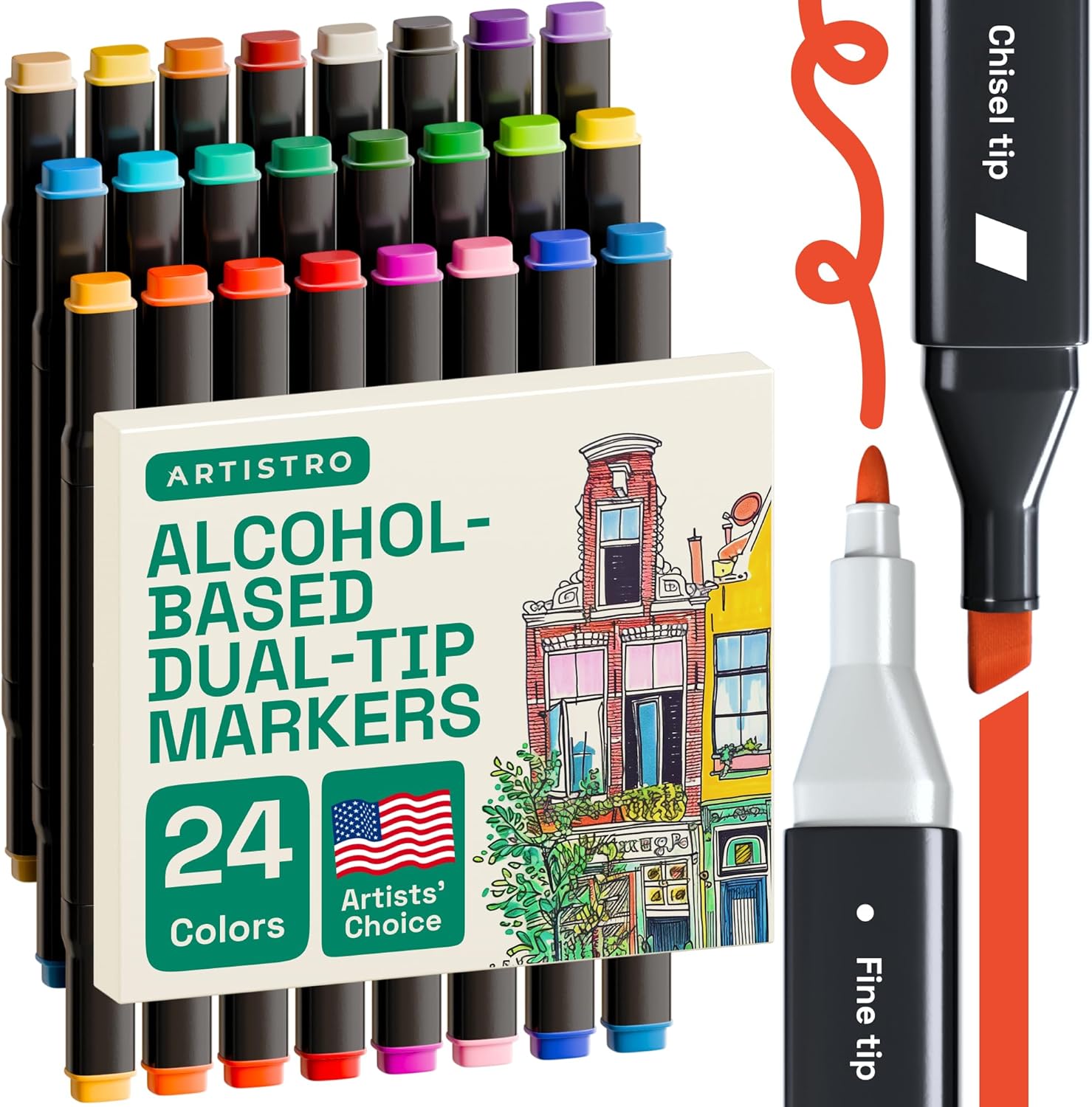 Alcohol Dual Tip Markers Set of 24 with No Bleed Ink, Bonus Case and Vibrant Fade-Resistant Colors, Art Supplies for Sketching, Manga, Drawing, Adult Coloring Books, Card Making (Fine & Chisel)