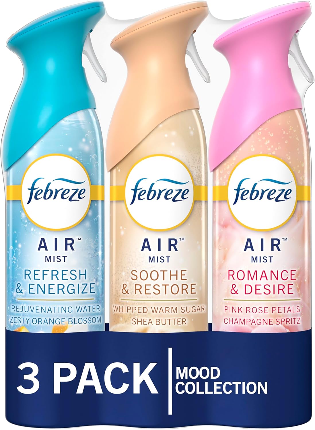 Febreze Air Mist Odor-Fighting Air Freshener Mixed Scent, Refresh & Energize, Soothe & Restore, Romance & Desire, 8.8 oz. Aerosol Can, Pack of 3