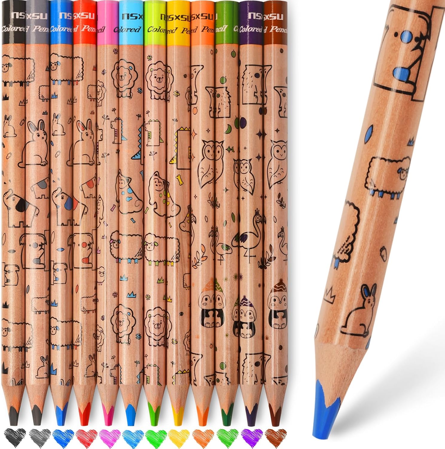 nsxsu 12 Jumbo Coloured Pencils for Kids, Triangle Colouring Pencils, Thick Animals Pattern Colour Pencil Set Art Supplies, Pre Sharpened Easy-Grip Stocking Stuffers