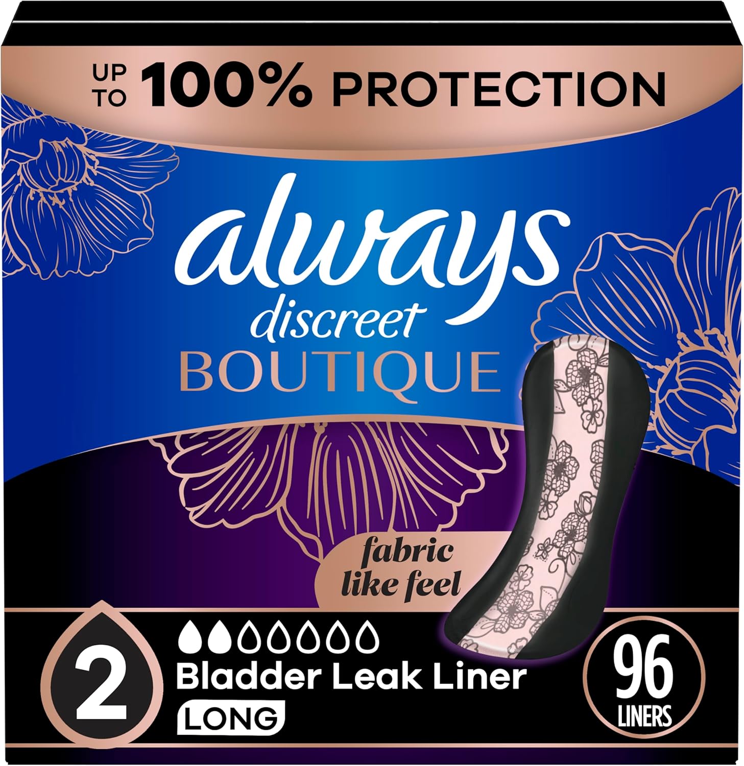Always Discreet Boutique Incontinence Panty Liners for Bladder Leaks, Size 2, Very Light Absorbency, Long Length, 96 Count (3 Packs of 32)