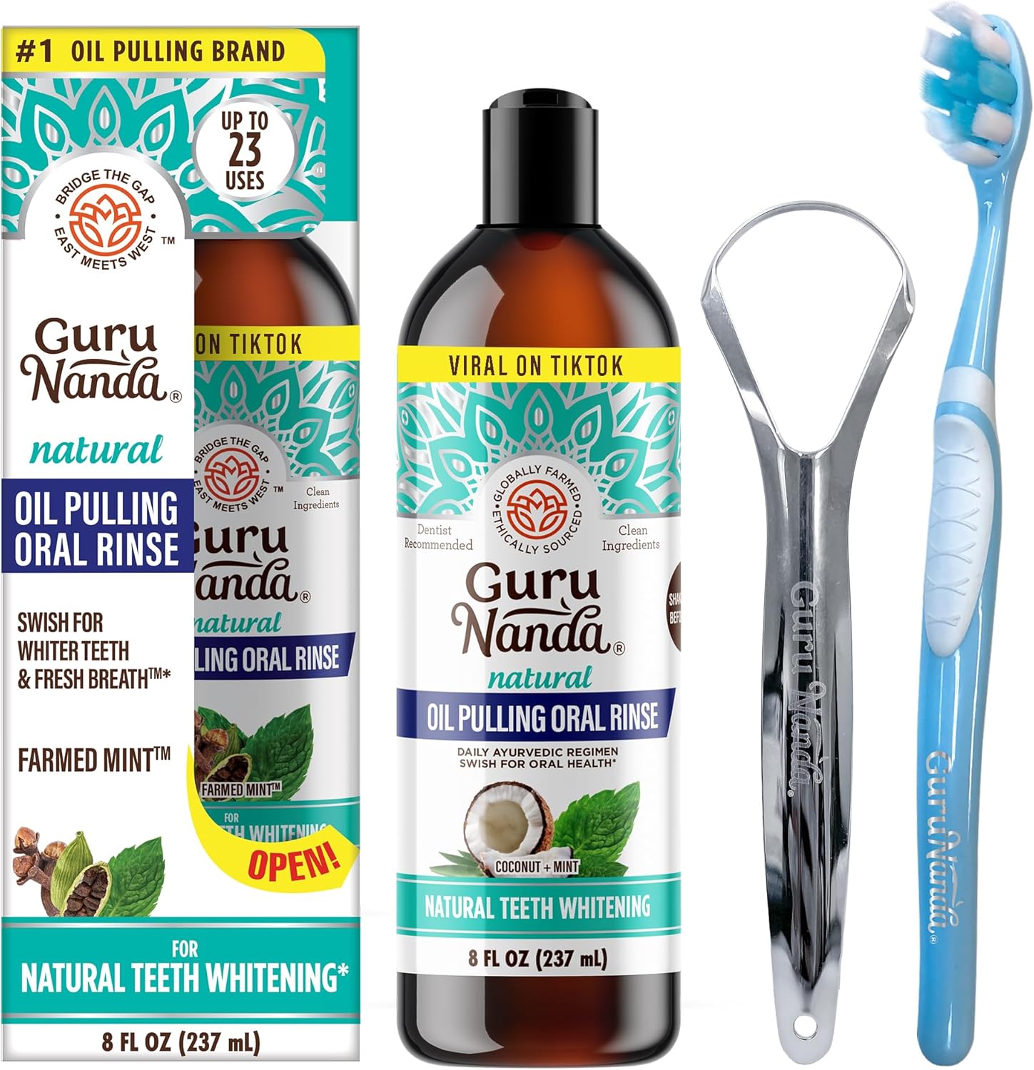 GuruNanda Coconut Oil Pulling, Fresh Breath & Whitening Mouthwash, 7 Essential Oils & Vitamins for Healthy Teeth & Gums, Alcohol-Free, 8 oz