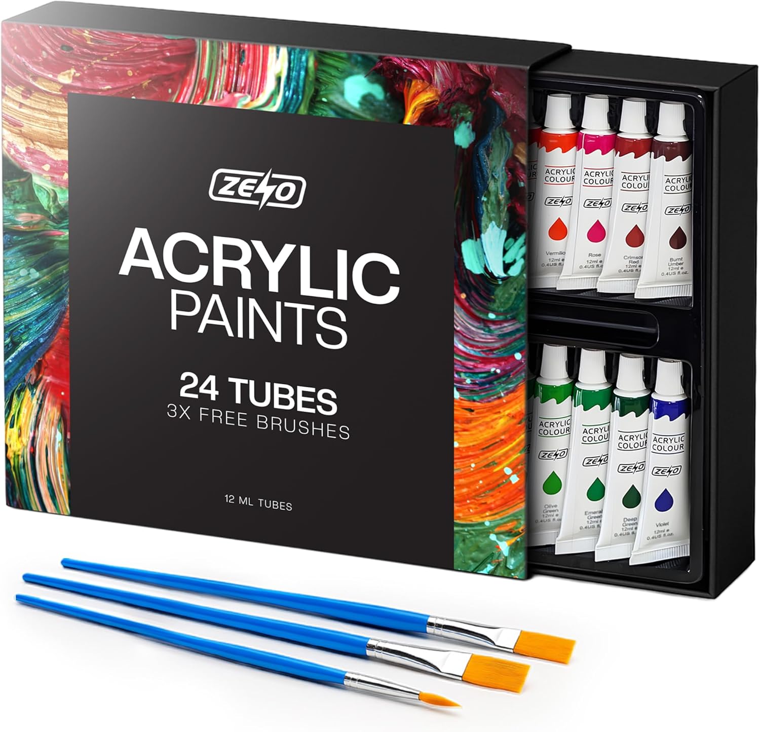 ZENO Acrylic Paint Set of 24 Colour Tubes | with 3 Paint Brushes | For Canvas Wood Ceramic Fabric | Non-Toxic | Vibrant Pigments | For Adults & Kids