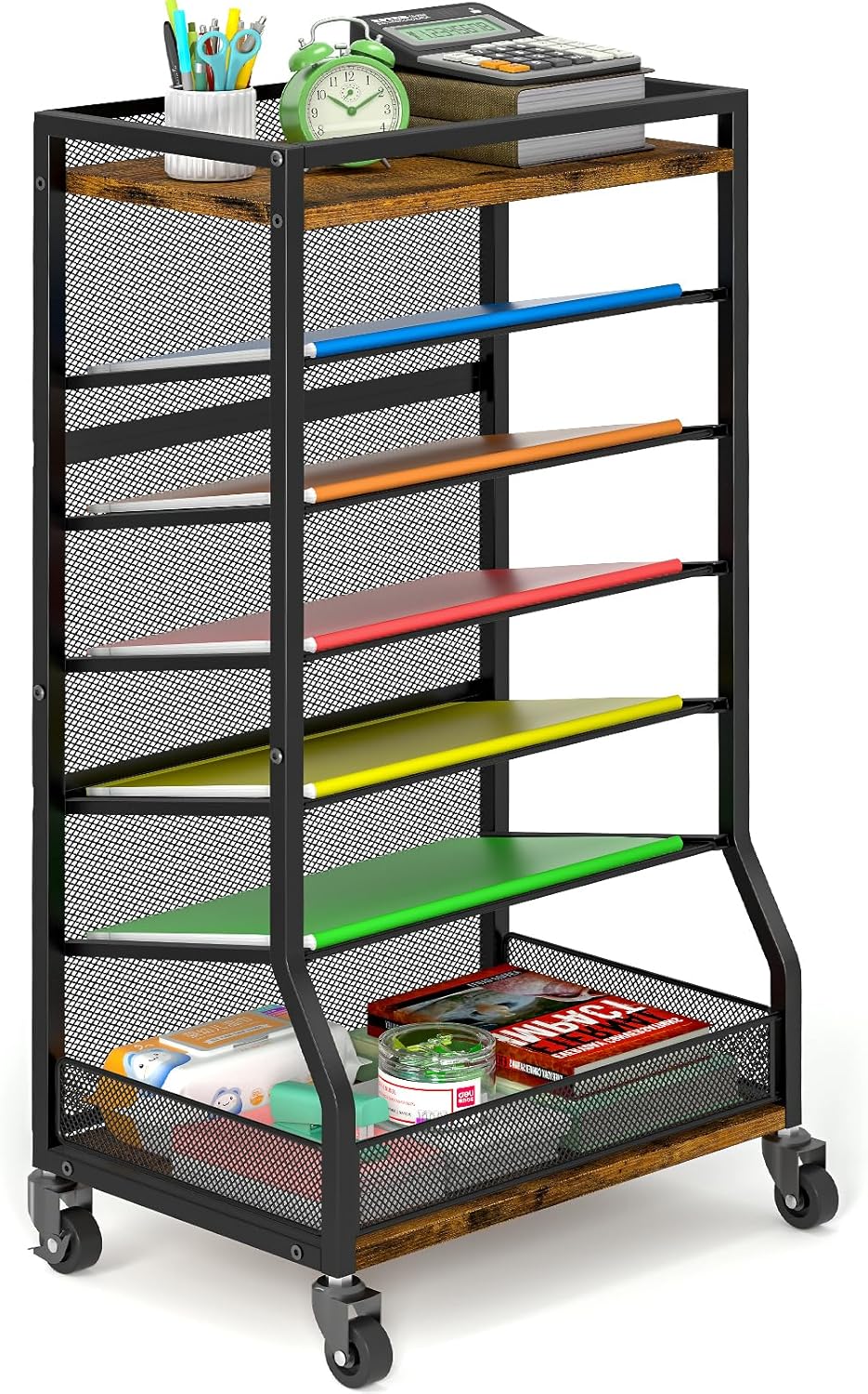 7 Tier Rolling File Cart with Sliding Trays, Wood Metal File Organizer Beside Desk, Free-Standing File Holder, Paper Letter Tray Organizer Mesh Desk Organizer for Home Office School (Patent)