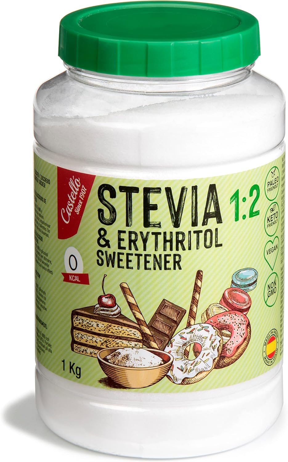 Castello since 1907 Stevia + Erythritol 1:2 Sweetener | 1g = 2g of sugar | 100% Natural Sugar Substitute - 0 Calories - 0 Glycemic Index - Keto and Paleo - 0 Net Carbohydrates - Non-GMO - 1kg