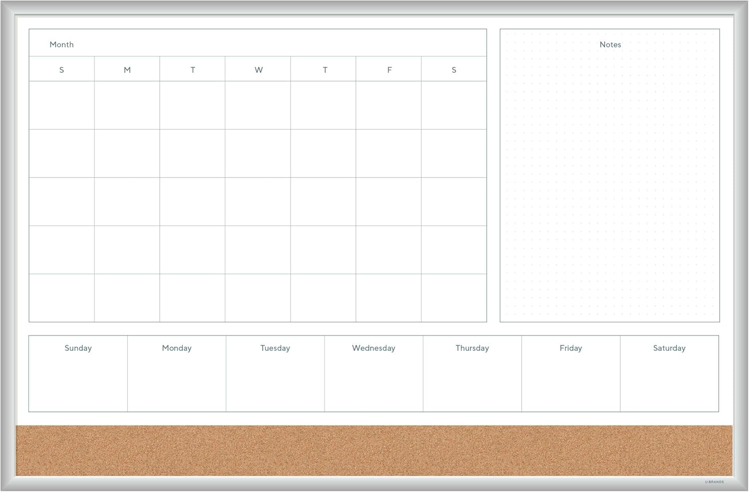 U Brands Magnetic Dry Erase 4-in-1 Calendar Board, 36"x24", Silver Aluminum Frame