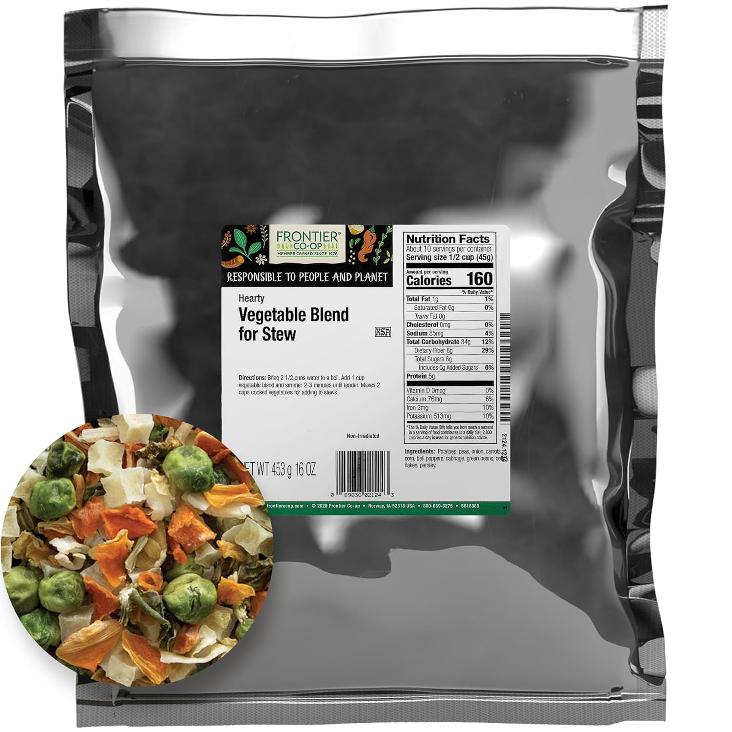 Frontier Co-op Hearty Vegetable Herb Blend for Stew, 1lb, Kosher - Mixed Dried Vegetables For Soup, Stir Fry, Ramen with Onion, Carrots, Peas, Corn, Potatoes and Parsley
