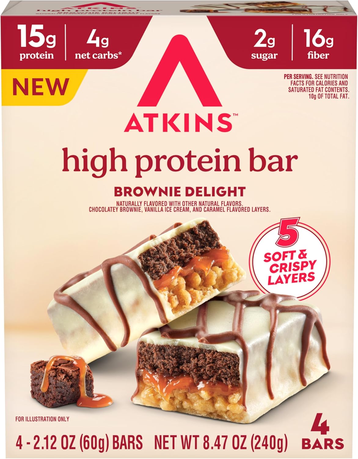 New Atkins High Protein Bars, Brownie Delight Flavor, 15g of Protein, 4g Net Carbs, 4 Count*